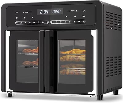 Gourmia Combo de freidora de aire para horno tostador 17 preajustes de cocción 1700W puerta francesa horno freidora de aire digital accesorios de capacidad 24L, estante de convección