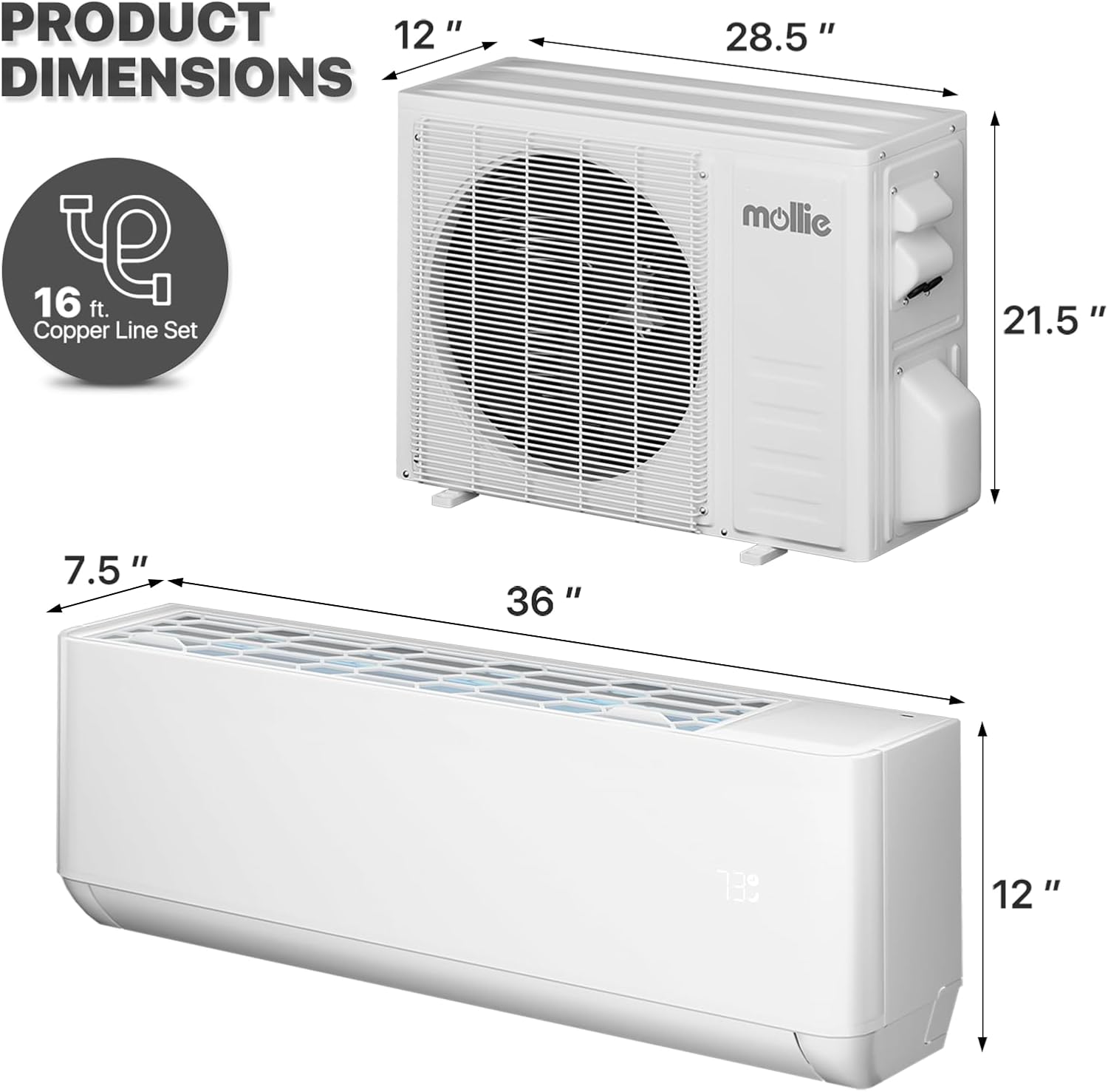 Mollie 12000 BTU, 115 V 22 SEER2, enfría hasta 550 pies cuadrados