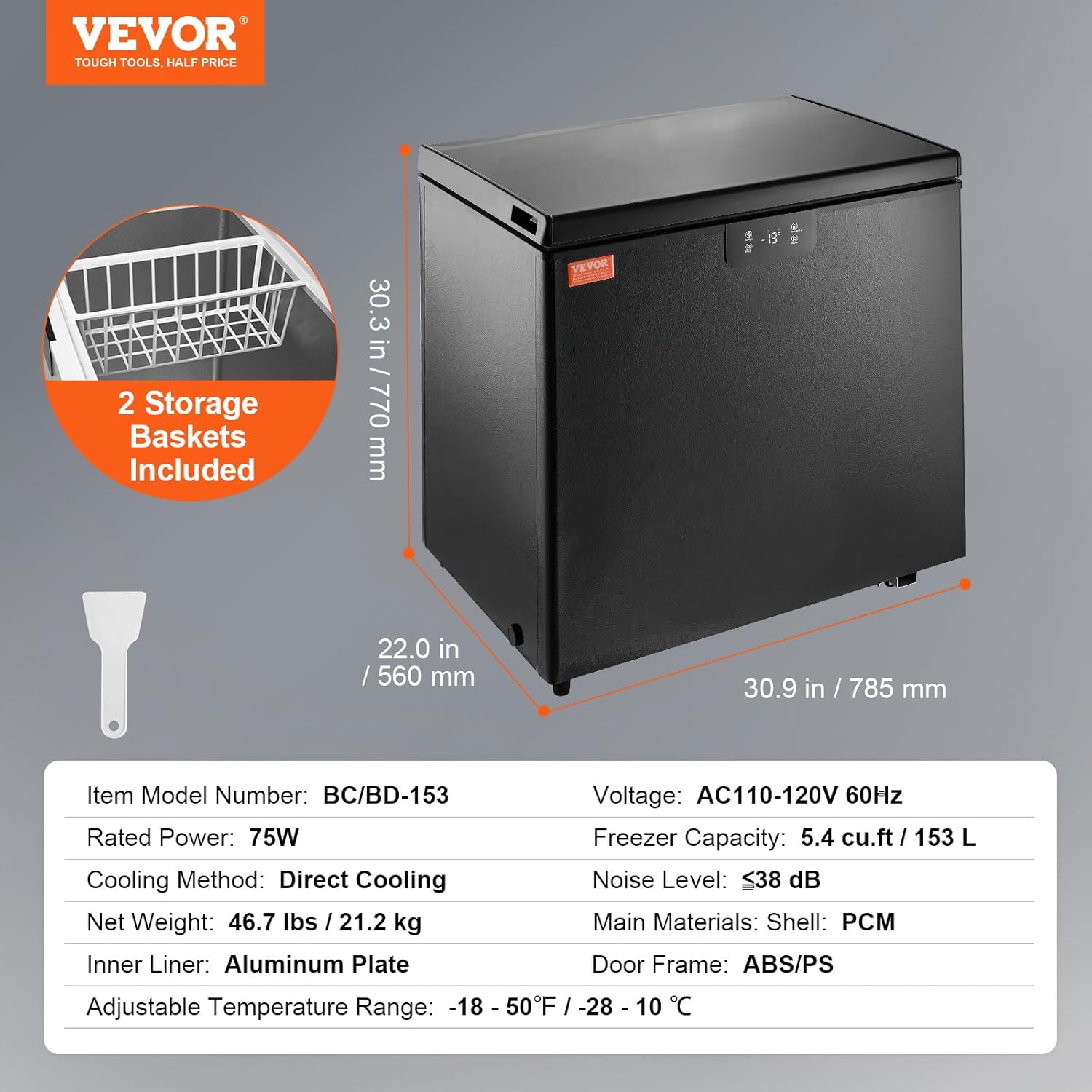 Congelador de pecho para garaje de 5.0 pies cúbicos, congelador compacto solo ajustable 7 termostatos y cesta extraíble, ahorro de energía para garaje, sótano, dormitorio, apartamento, cocina