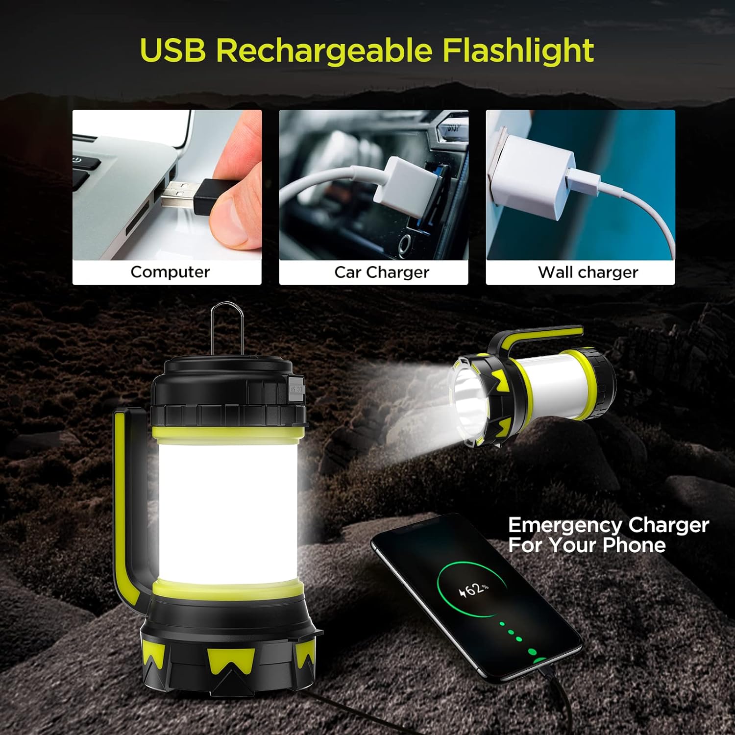 Rechargeable Flashlights Camping Lantern,6 Modes LED Bright Flashlight 3000mAh Power Bank