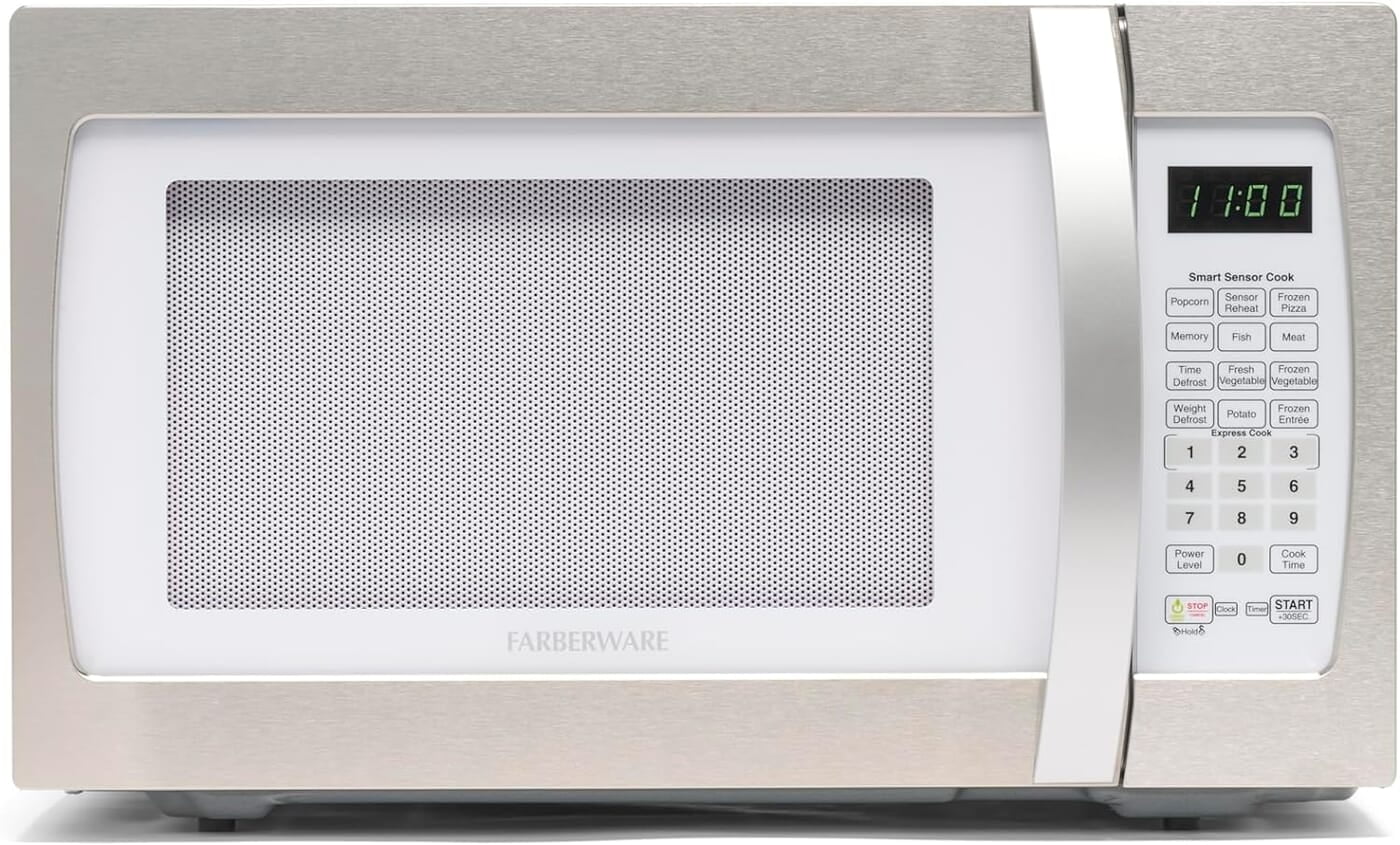 Farberware Gourmet FMO11AHTBKJ - Horno de microondas de 1.1 pies cúbicos de 1100 vatios con tecnología inteligente de cocción e inversor, modo ECO e iluminación LED azul, acero inoxidable