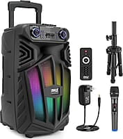 Pyle PPHP122SM - Sistema de altavoces PA portátil Bluetooth de 800 W para exteriores, con micrófono, luces de fiesta, MP3/USB, radio FM, ruedas rodantes, micrófono, control remoto, color negro