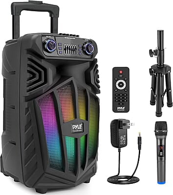 Pyle PPHP122SM - Sistema de altavoces PA portátil Bluetooth de 800 W para exteriores, con micrófono, luces de fiesta, MP3/USB, radio FM, ruedas rodantes, micrófono, control remoto, color negro