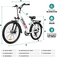 Bicicleta eléctrica de 26 pulgadas, alcance máximo de 30 millas