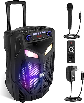 Pyle Sistema de altavoces PA Bluetooth portátil, 800 W, 12 pulgadas, altavoz Bluetooth para interiores y exteriores, sistema PA portátil, luces de fiesta, lector de tarjetas SD USB, radio FM