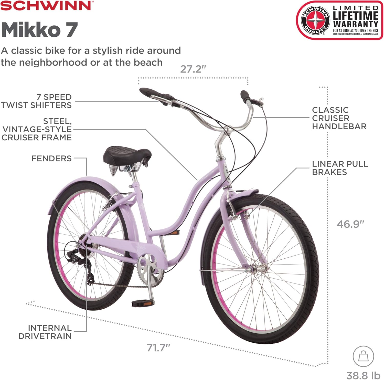 Schwinn Mikko Beach Cruiser Bike para adultos, ruedas de 26 pulgadas