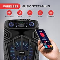 Pyle PPHP122SM - Sistema de altavoces PA portátil Bluetooth de 800 W para exteriores, con micrófono, luces de fiesta, MP3/USB, radio FM, ruedas rodantes, micrófono, control remoto, color negro